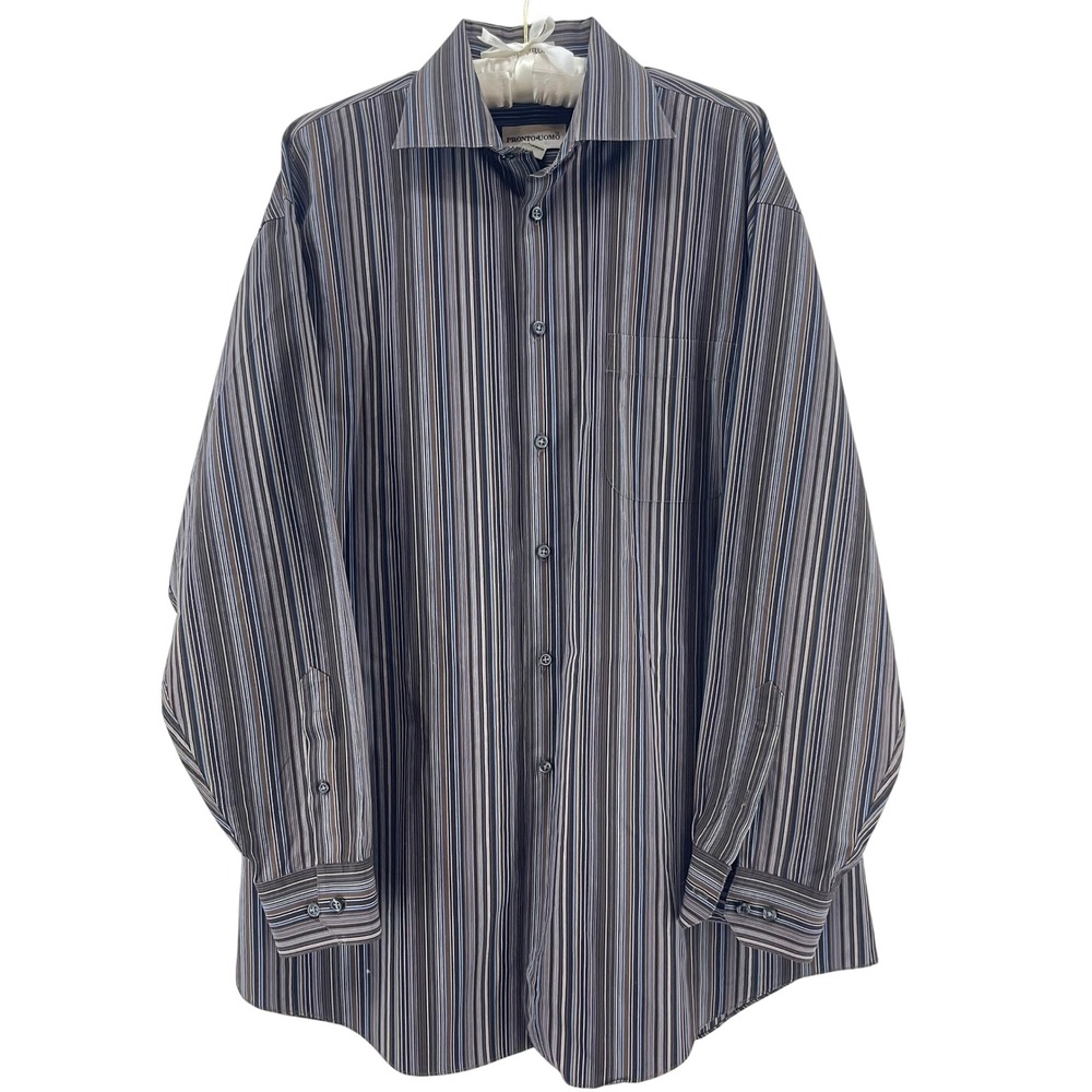 Pronto Uomo Button Down Shirt Mens L Brown Blue Striped Non Iron Stretch Formal